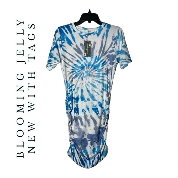 1811. BLOOMING JELLY RUCHED ON EACH SIDE TSHIRT DRESS SIZE SMALL MIDI LENGTH - Picture 1 of 9